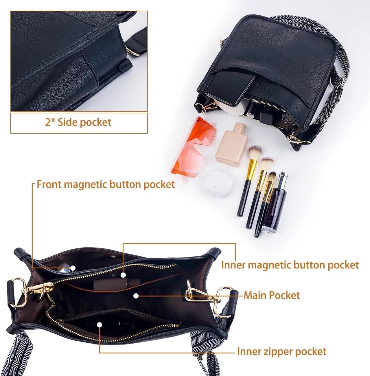 Women's Crossbody Handbags Vegen Leather Purses 2Pcs Hobo Purse Bags Wallet Set with 2 Adjustable Guitar Strap