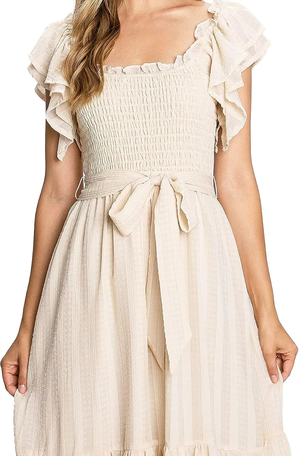 Women's Feminine Boho Off Shoulder Smocked Midi Dress