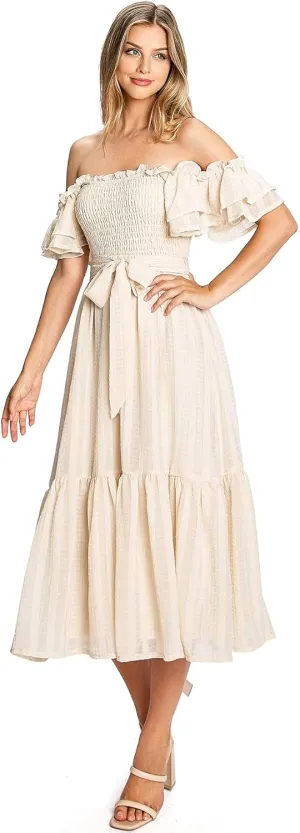 Women's Feminine Boho Off Shoulder Smocked Midi Dress