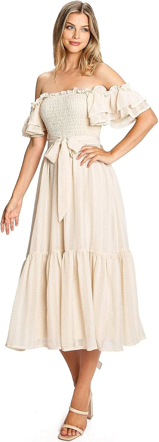Women's Feminine Boho Off Shoulder Smocked Midi Dress