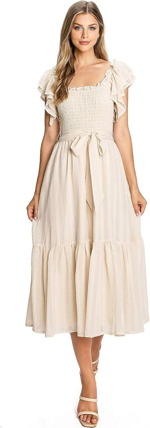 Women's Feminine Boho Off Shoulder Smocked Midi Dress