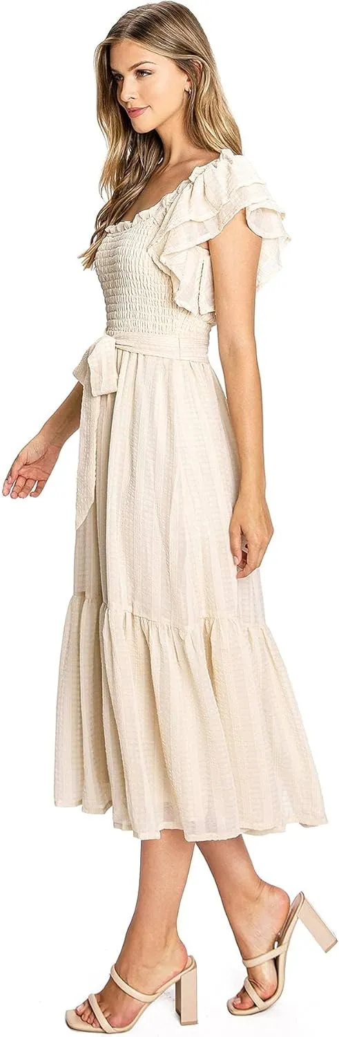 Women's Feminine Boho Off Shoulder Smocked Midi Dress