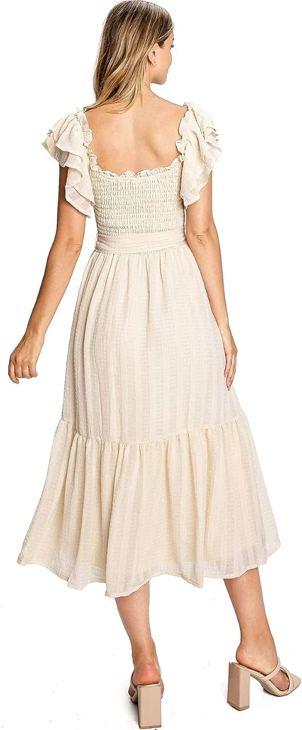 Women's Feminine Boho Off Shoulder Smocked Midi Dress