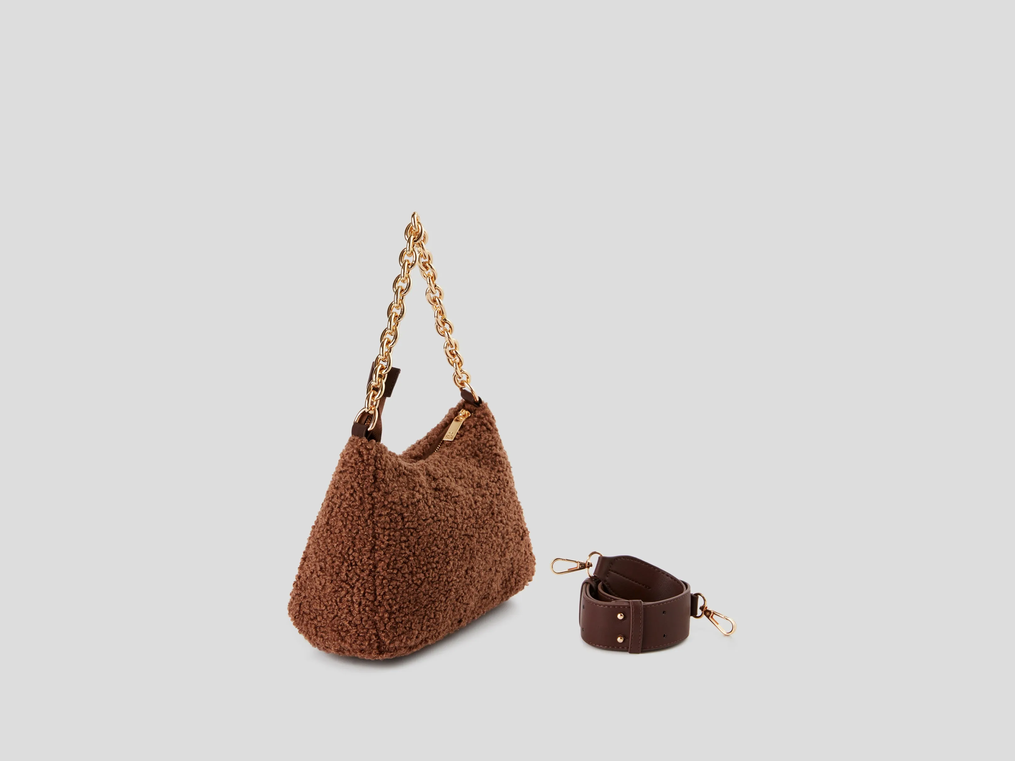 Womens Fleece Side Sling Bag with Chain Detail