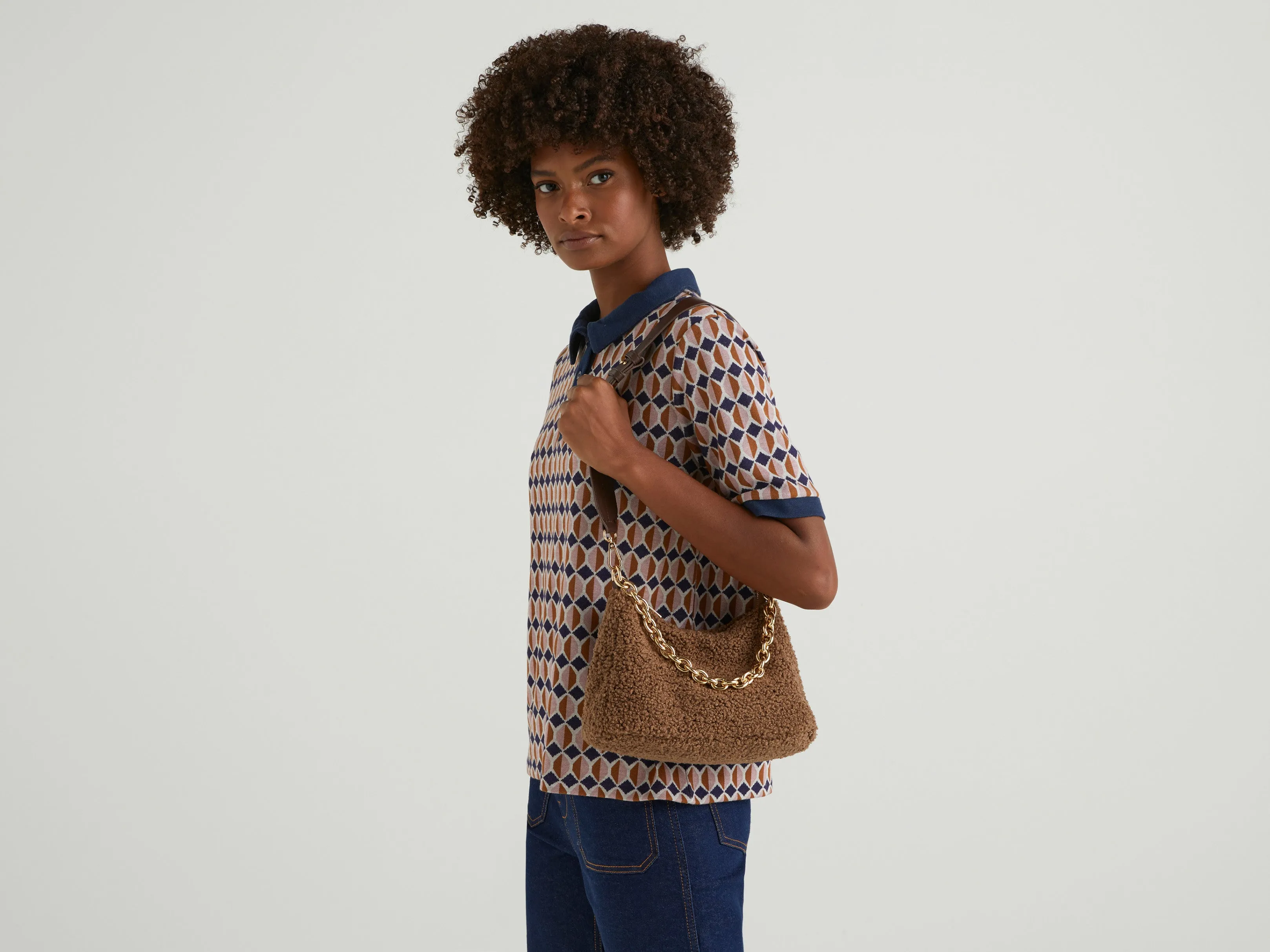 Womens Fleece Side Sling Bag with Chain Detail