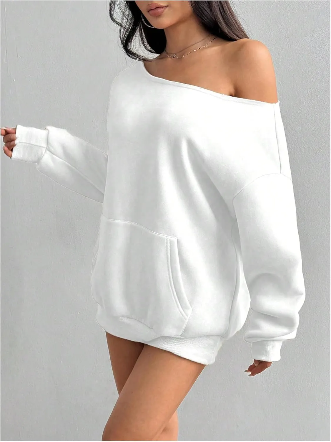 Women's Oversized Off Shoulder Sweatshirts Long Sleeve Basic Thermal Pullover Tops with Pocket