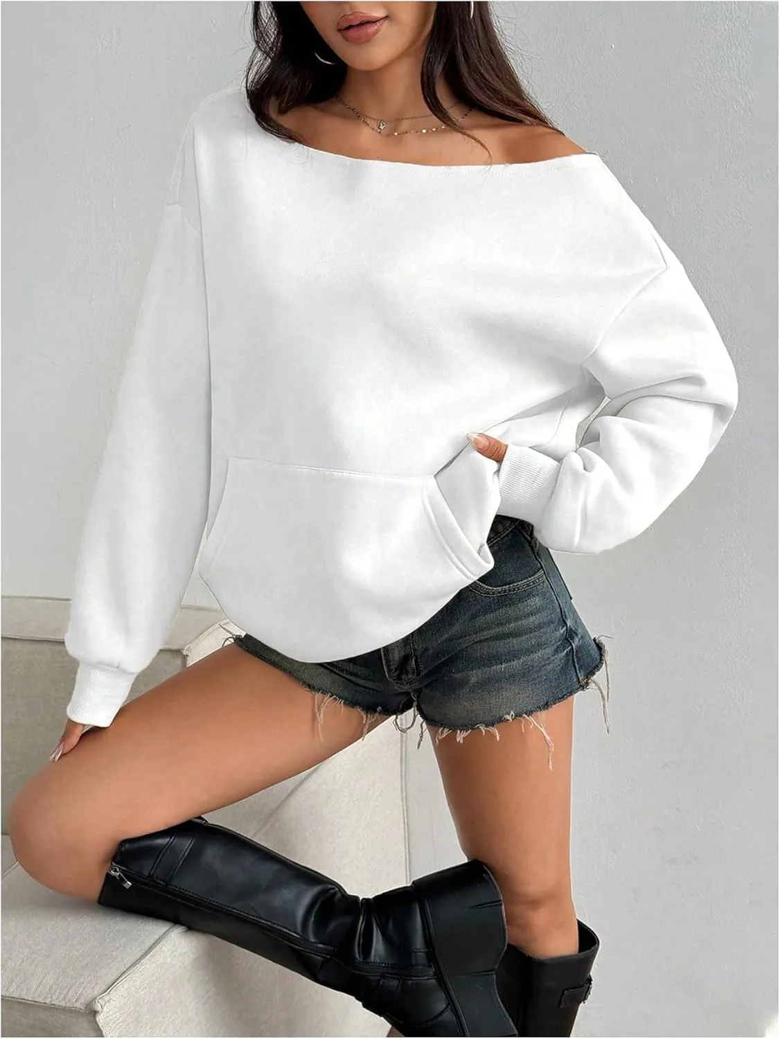 Women's Oversized Off Shoulder Sweatshirts Long Sleeve Basic Thermal Pullover Tops with Pocket