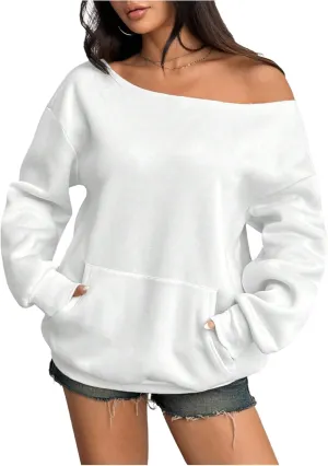 Women's Oversized Off Shoulder Sweatshirts Long Sleeve Basic Thermal Pullover Tops with Pocket