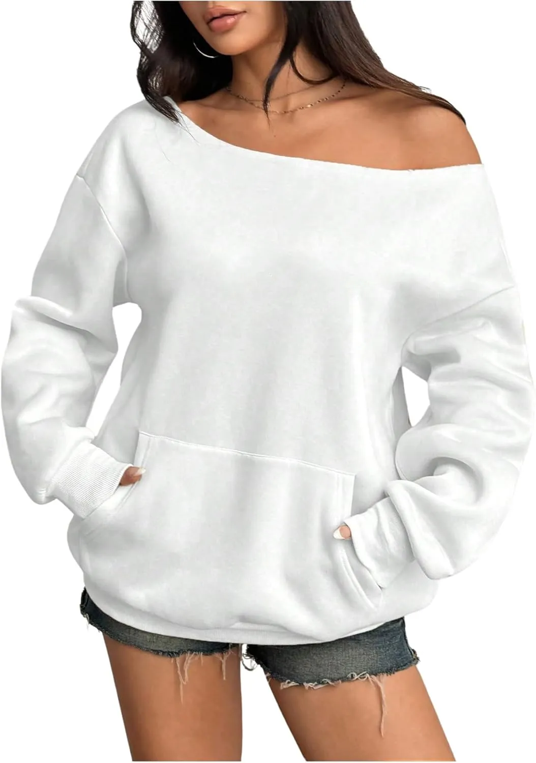 Women's Oversized Off Shoulder Sweatshirts Long Sleeve Basic Thermal Pullover Tops with Pocket