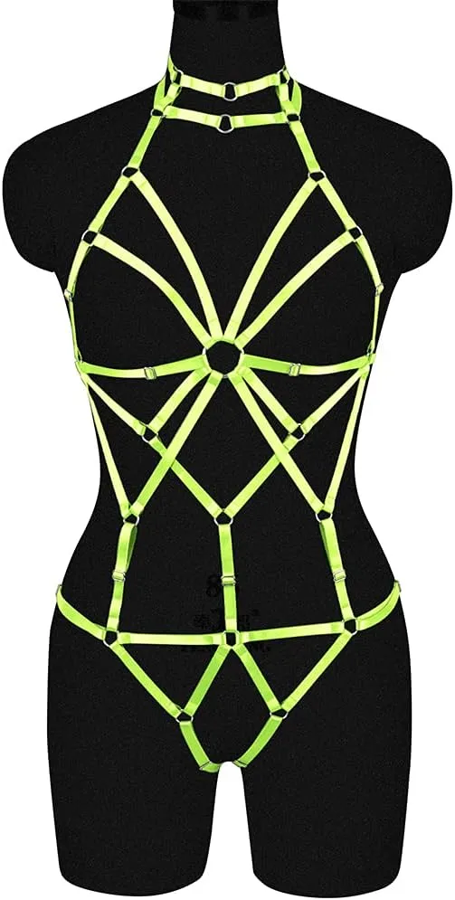 Women's Punk Body Harness Lingerie Full Waist Garter Belts Set Strappy Frame Cage Rave bras
