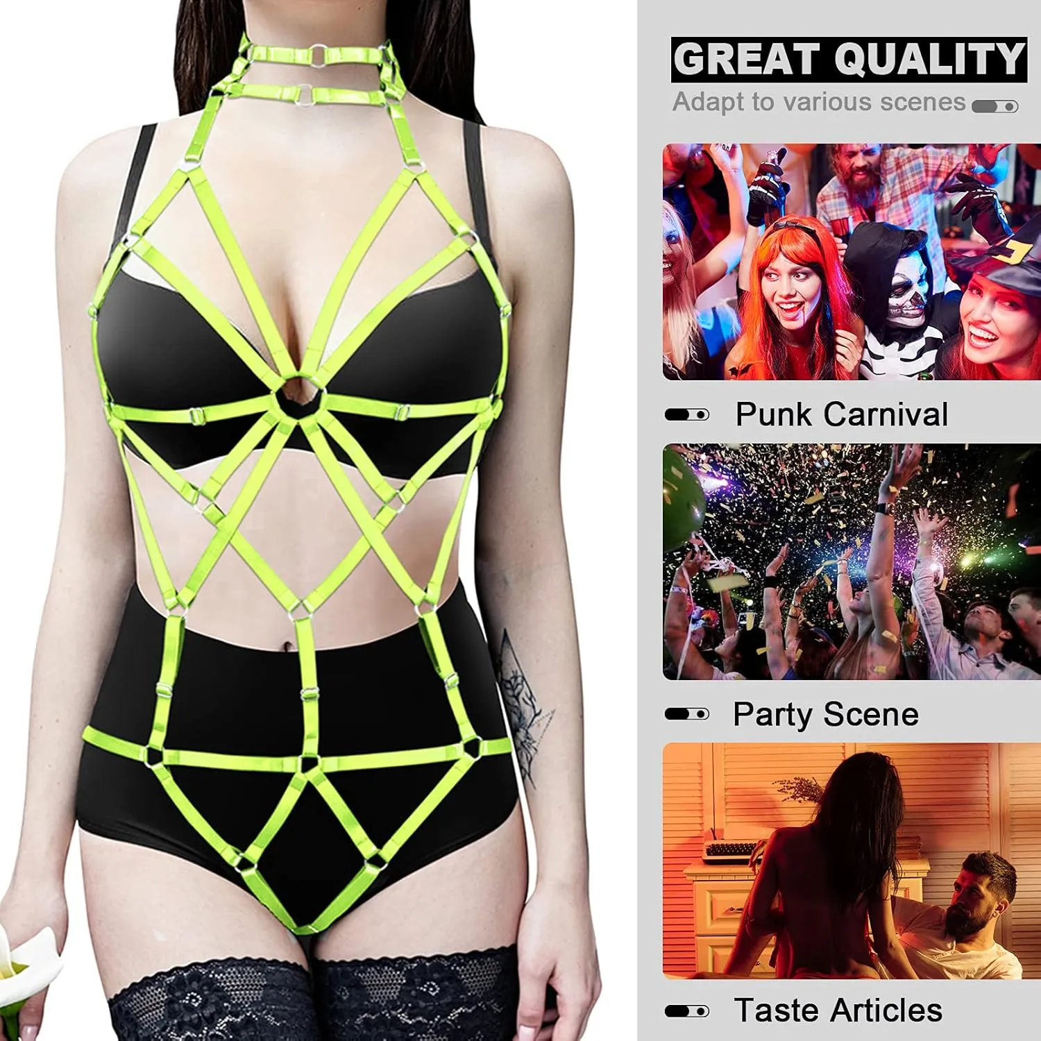 Women's Punk Body Harness Lingerie Full Waist Garter Belts Set Strappy Frame Cage Rave bras