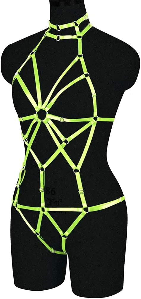 Women's Punk Body Harness Lingerie Full Waist Garter Belts Set Strappy Frame Cage Rave bras