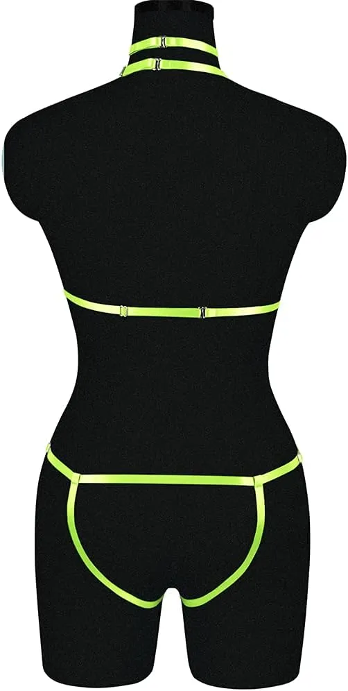 Women's Punk Body Harness Lingerie Full Waist Garter Belts Set Strappy Frame Cage Rave bras
