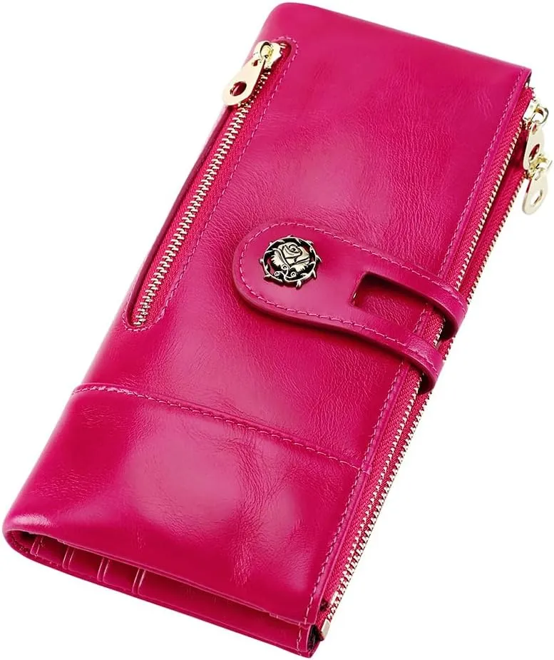Women's RFID Blocking Wallet Soft Leather Clutch Money Ladies Purse Slim Card Holder Organizer Zip Pocket (3013-Rose red)