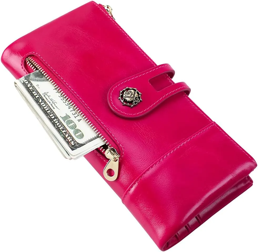 Women's RFID Blocking Wallet Soft Leather Clutch Money Ladies Purse Slim Card Holder Organizer Zip Pocket (3013-Rose red)