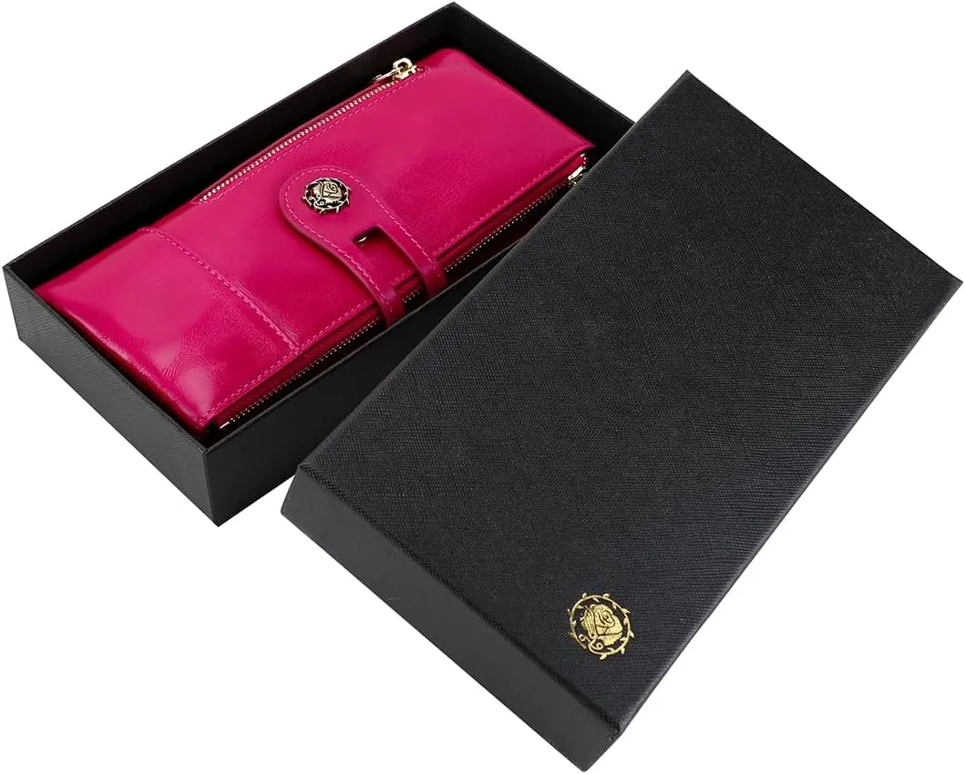 Women's RFID Blocking Wallet Soft Leather Clutch Money Ladies Purse Slim Card Holder Organizer Zip Pocket (3013-Rose red)