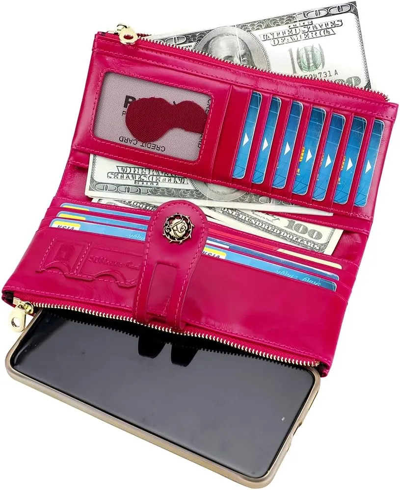 Women's RFID Blocking Wallet Soft Leather Clutch Money Ladies Purse Slim Card Holder Organizer Zip Pocket (3013-Rose red)