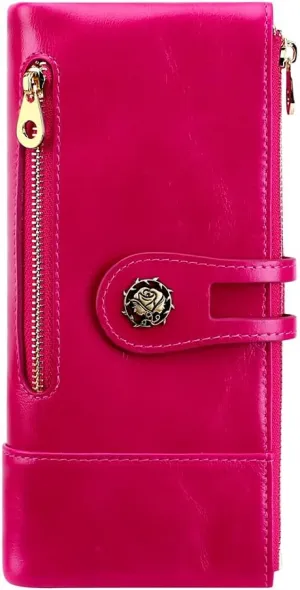 Women's RFID Blocking Wallet Soft Leather Clutch Money Ladies Purse Slim Card Holder Organizer Zip Pocket (3013-Rose red)