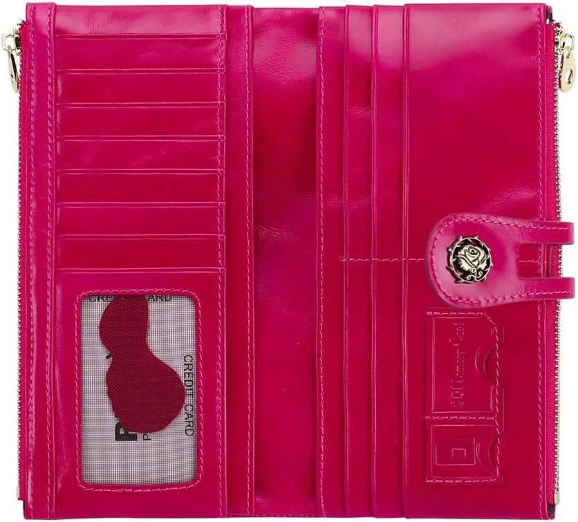 Women's RFID Blocking Wallet Soft Leather Clutch Money Ladies Purse Slim Card Holder Organizer Zip Pocket (3013-Rose red)
