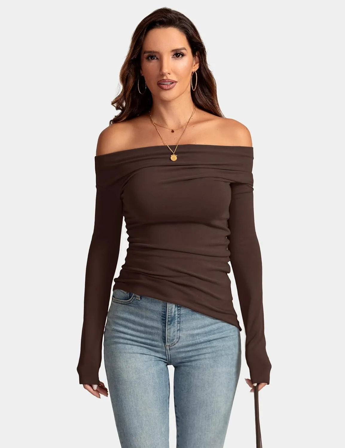 Women's Sexy Off Shoulder Tops Dressy Long Sleeve Asymmetrical Slim Fit Going Out Fall Blouse Ruched Shirts