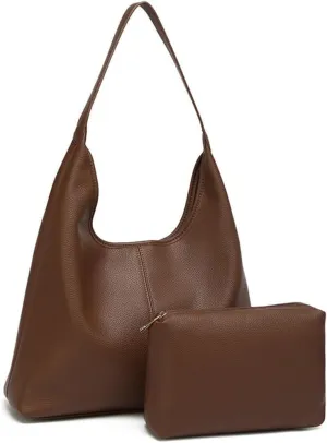 Women's Tote Handbag Soft PU Leather Hobo Purses 2Pcs Set Shoulder Bag with Pouch Shopper Work Top-handle Bag