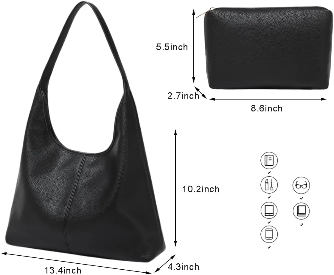 Women's Tote Handbag Soft PU Leather Hobo Purses 2Pcs Set Shoulder Bag with Pouch Shopper Work Top-handle Bag
