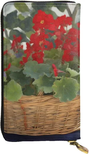 Women's Wallet Clutch Large Capacity Long Wallet Geranium Basket Leather Ladies Card Phone Holder Travel Purse