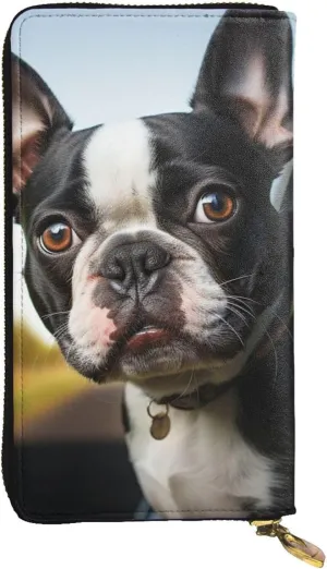 Women's Wallet Clutch Large Capacity Long Wallet Puppy Dog Boston Terrier Leather Ladies Card Phone Holder Travel Purse