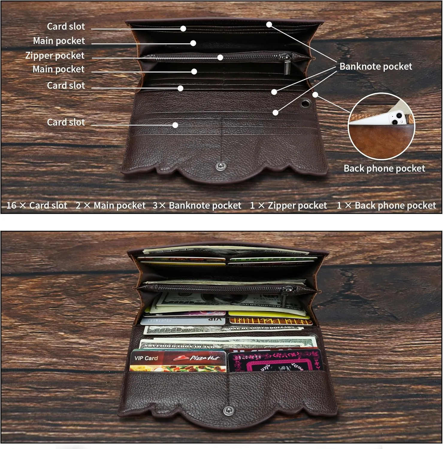 Women's Wallet Genuine Leather Snap Wallets Vintage Purse Organizer Clutch Bag with Wristlet