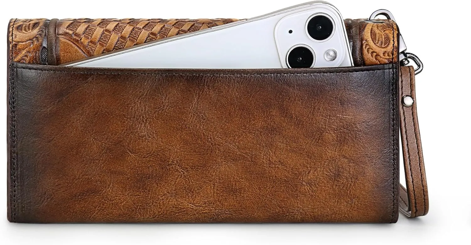Women's Wallet Genuine Leather Snap Wallets Vintage Purse Organizer Clutch Bag with Wristlet