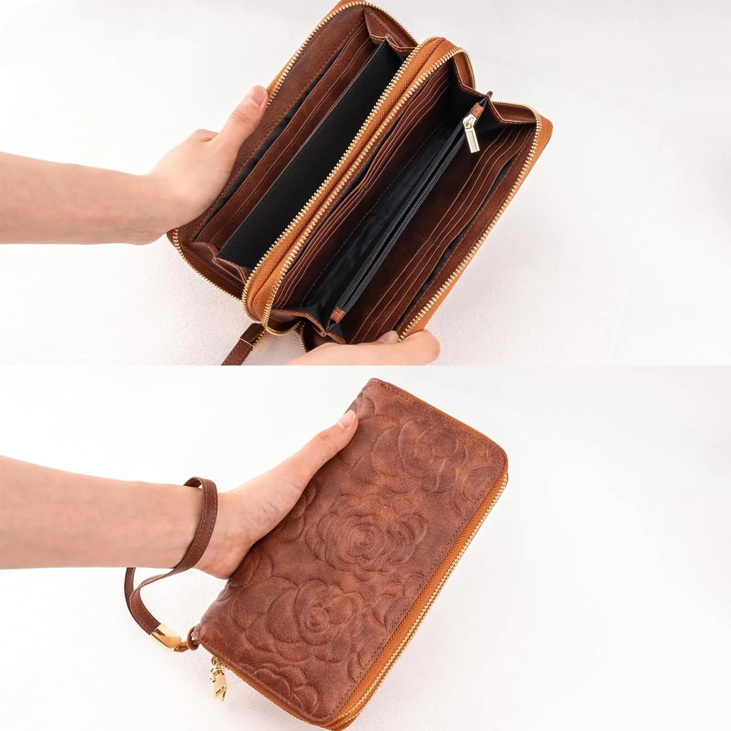 Women's Wallet RFID Blocking Leather Double Zip Large Capacity Card Holder Ladies Phone Clutch Long Purse Wristlet