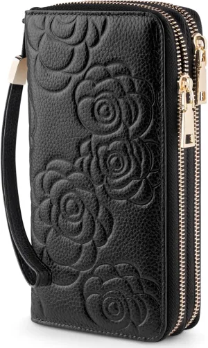 Women's Wallet RFID Blocking Leather Double Zip Large Capacity Card Holder Ladies Phone Clutch Long Purse Wristlet