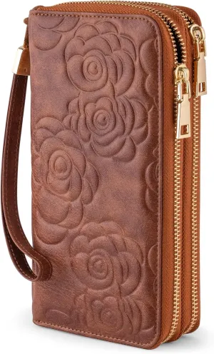 Women's Wallet RFID Blocking Leather Double Zip Large Capacity Card Holder Ladies Phone Clutch Long Purse Wristlet
