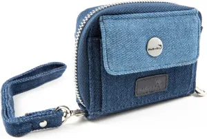 Women's Wallet RFID Cash Card Coin Accordion Clutch with Wristlet Blue Denim