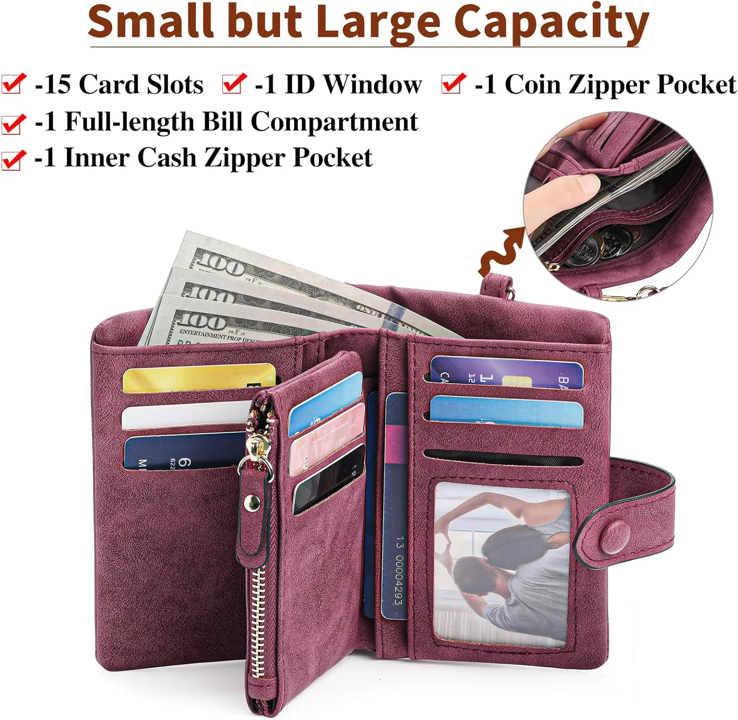 Womens Wallet Small Bifold Leather Wallets Women RFID blocking Ladies Wristlet with Card holder ID window Coin Purse