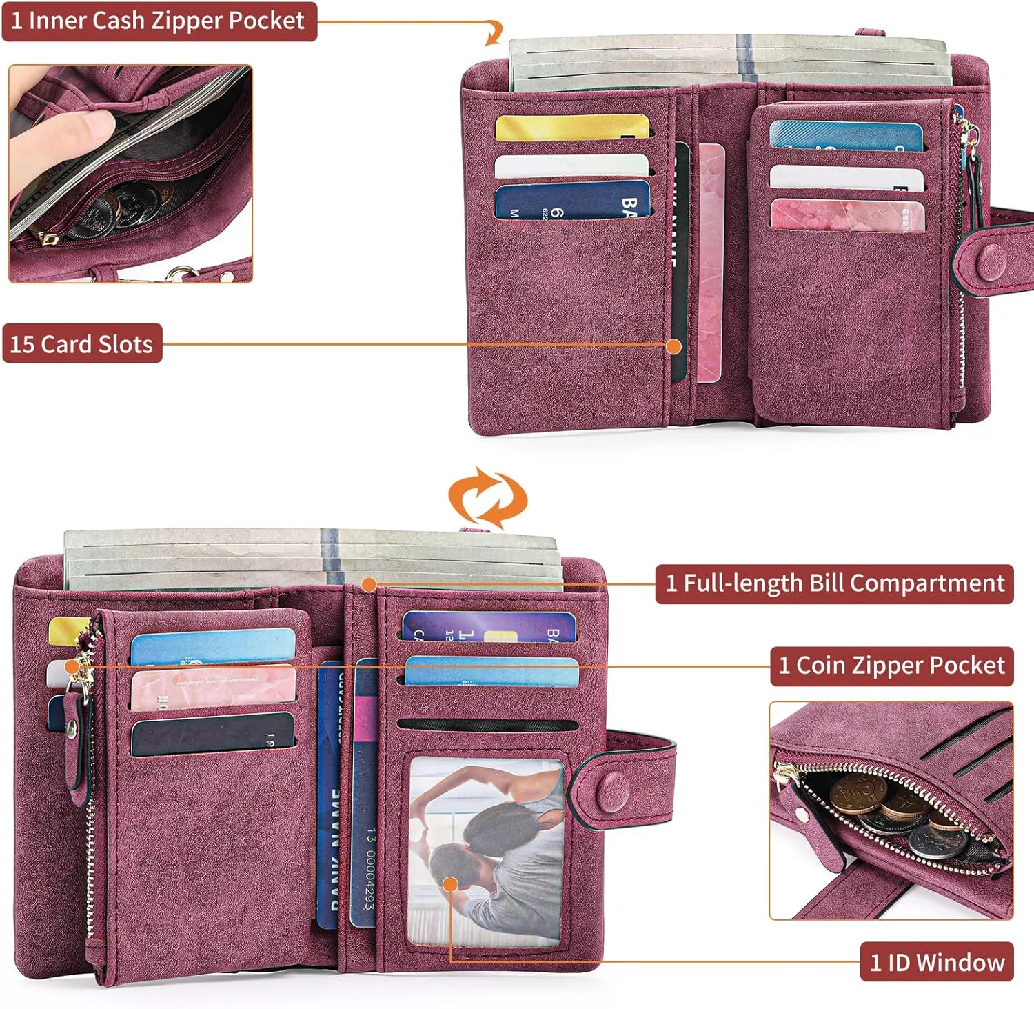 Womens Wallet Small Bifold Leather Wallets Women RFID blocking Ladies Wristlet with Card holder ID window Coin Purse