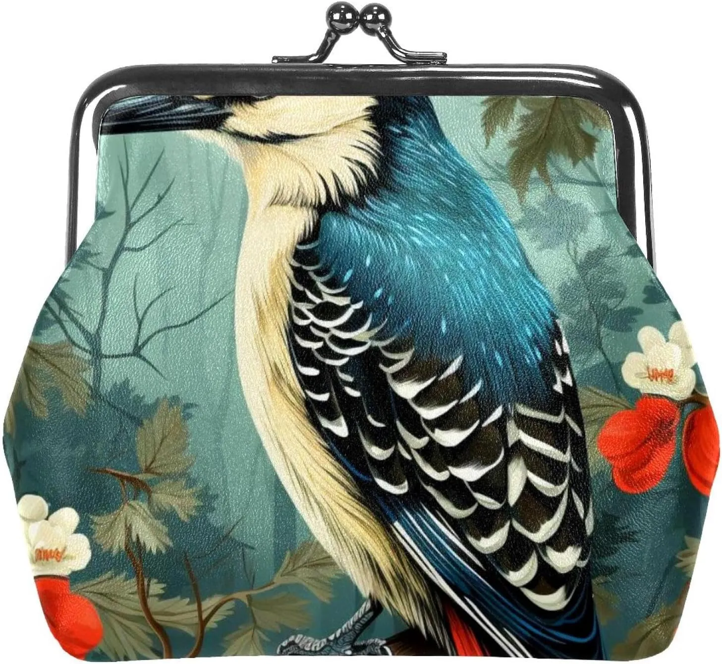 Woodpecker Coin Purse Vintage Pouch Buckle Clutch Bag Kiss-Lock Change Purse Clasp Closure Wallets for Women Girl, 4.3x4.7 in/11x12 cm, qb-002-1
