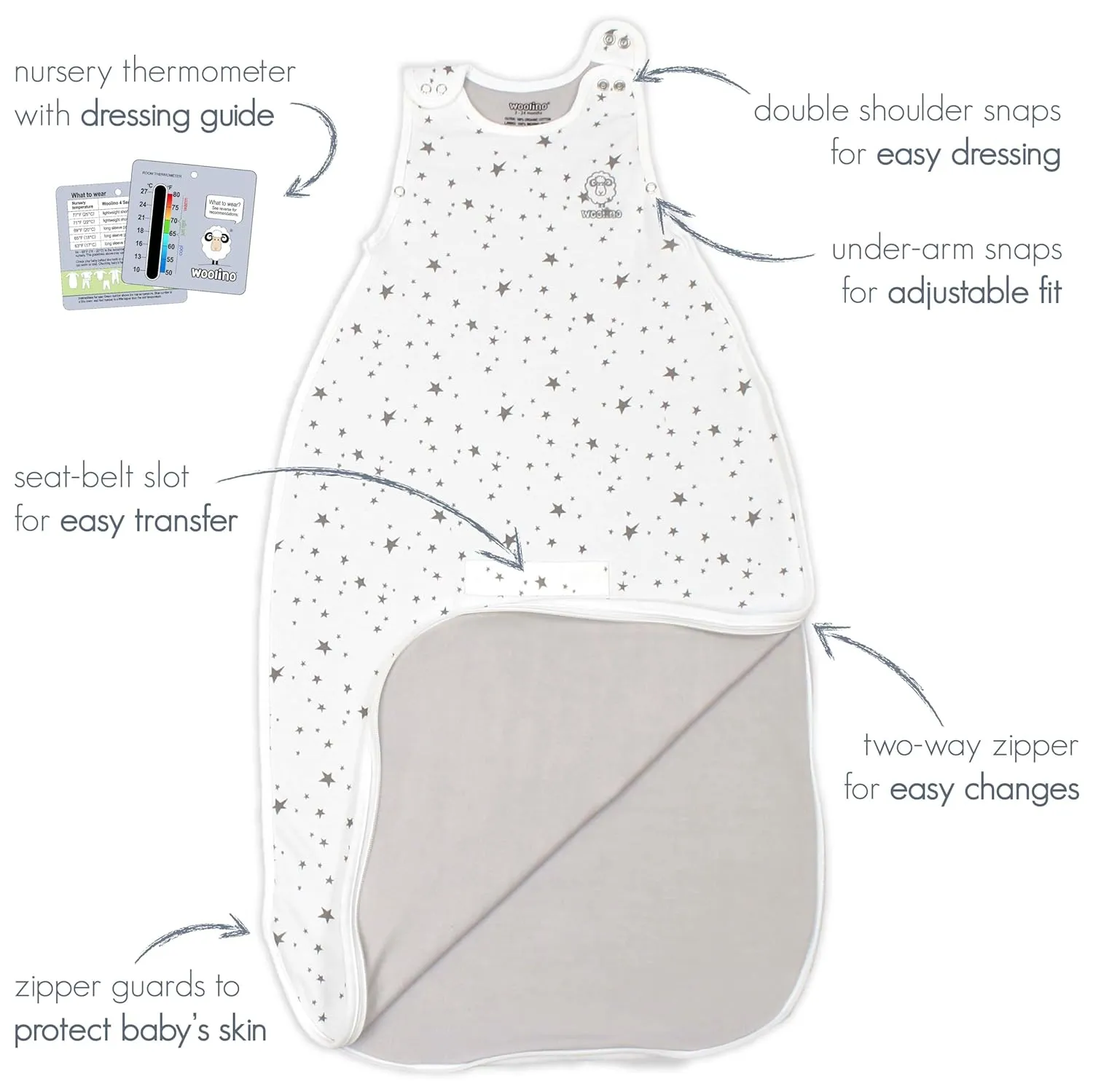 Woolino 4 Season Baby Sleep Sack - Ultimate Baby Sleeping Bag - Merino Wool and Organic Cotton Two-Way Zipper Adjustable Universal Size Sleep Sack (2-24 Months) - Hot Air Balloon