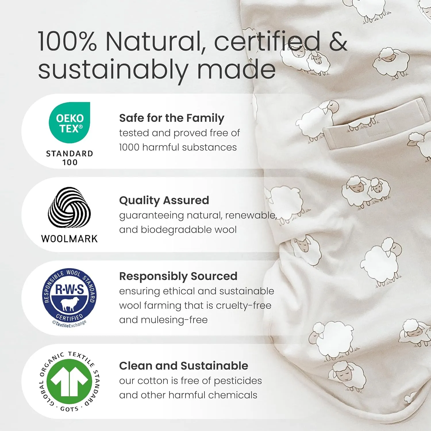 Woolino 4 Season Sleep Sack - Ultimate Merino Wool and Organic Cotton Sleeping Bag - Two-Way Zipper Adjustable Universal Size Sleep Sack for Baby (2-24 Months) - Sheep