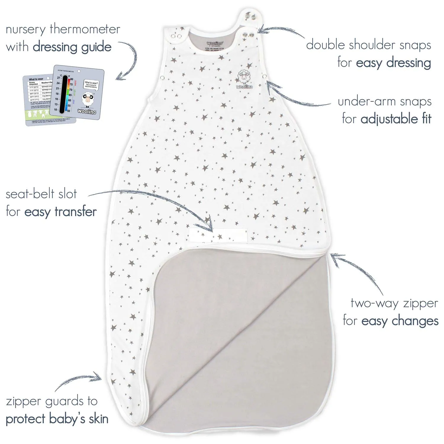 Woolino 4 Season Sleep Sack - Ultimate Merino Wool Sleeping Bag - Two-Way Zipper Adjustable Universal Size Sleep Sack for Baby (2-24 Months) - Birch Gray