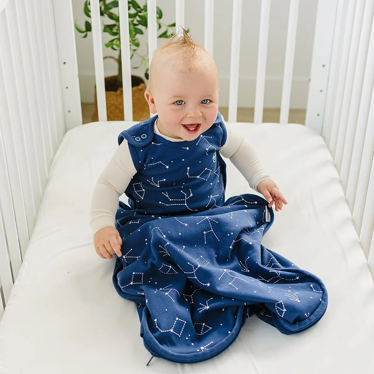 Woolino 4 Season Ultimate Baby Sleeping Bag - Merino Wool and Organic Cotton - Universal Size Adjustable Sleep Sack for Baby - Two-Way Zipper Sleeping Bag (2-24 Months) - Night Sky