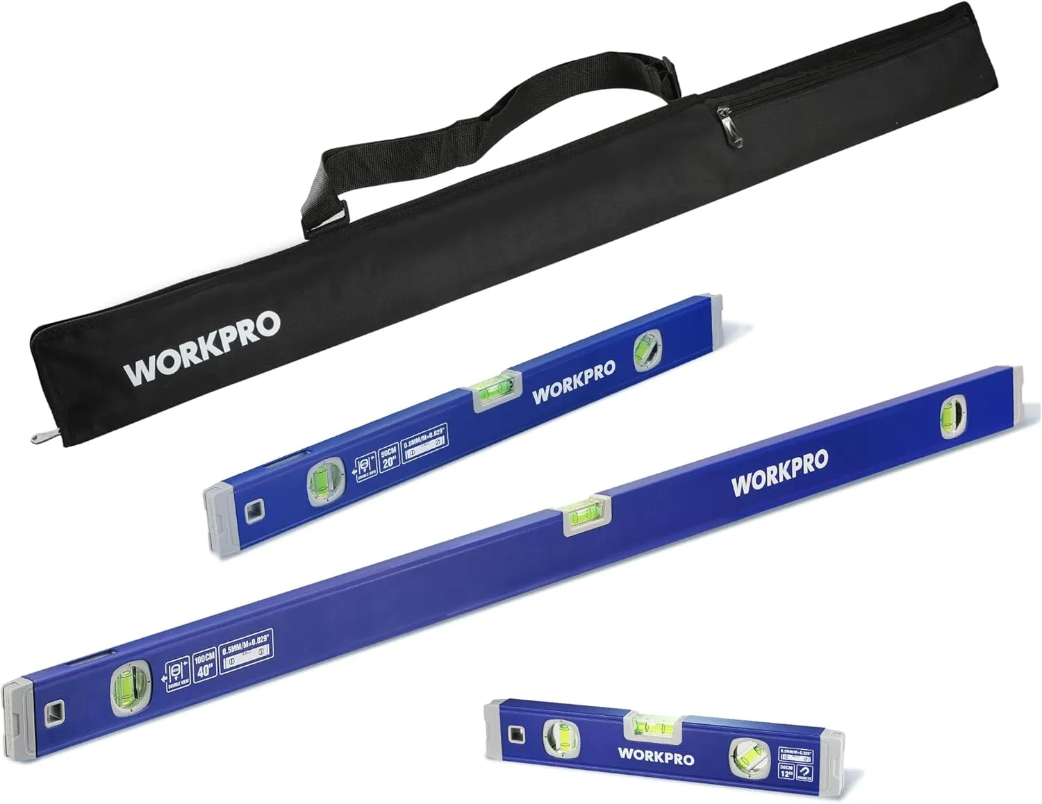 WORKPRO 3-Piece Spirit Level Set (12", 20", 40"), Level Set with Magnetic Torpedo Level, 45°/90°/180°Bubbles Measuring, Open Top View Design, Aluminium Alloy Levels with Carrying Bag