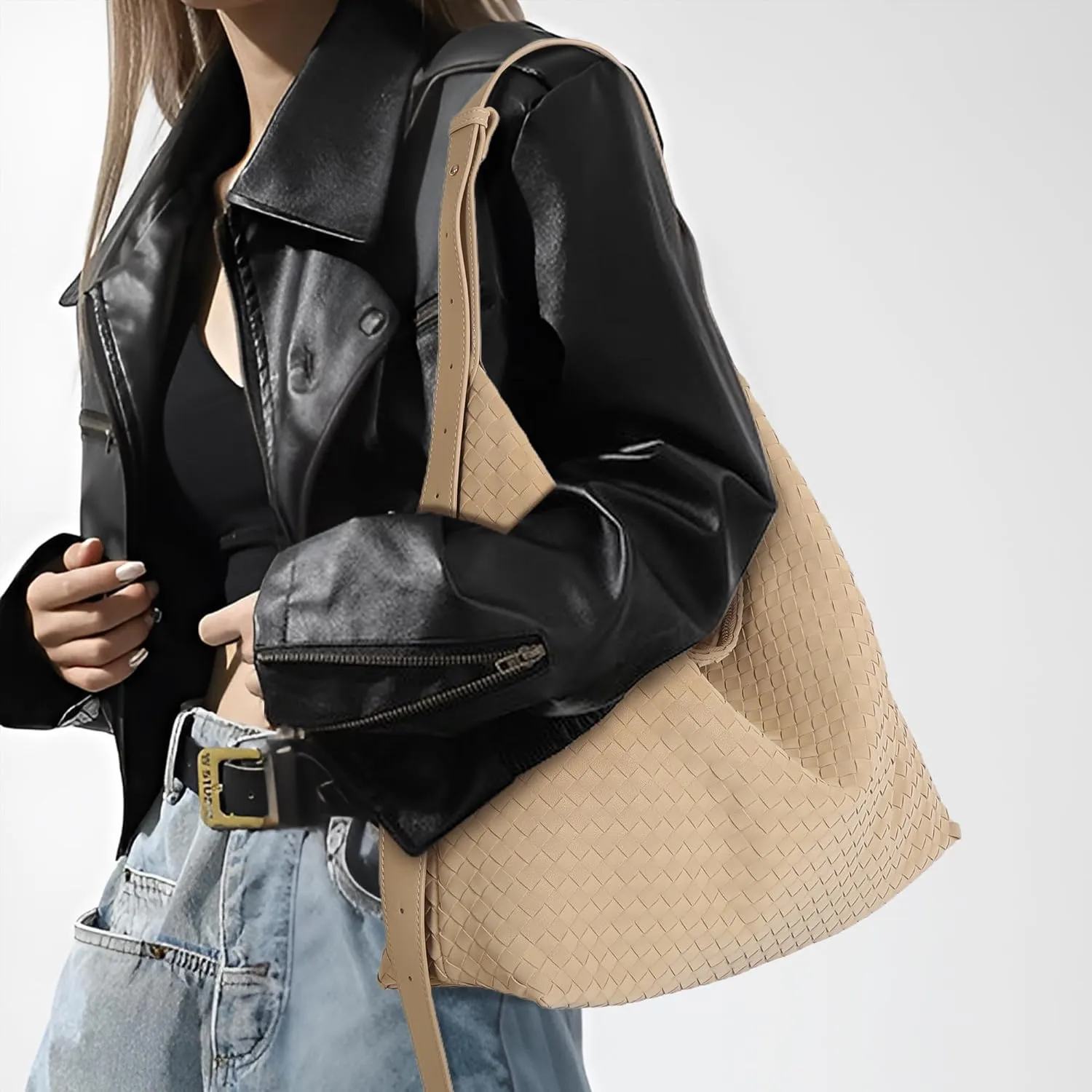 Woven Bag for Women, Vegan Leather Tote Bags Large Hobo Purses for Women Handmade Shoulder Bag with Adjustable Strap