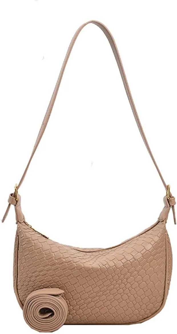 Woven Crossdbody Bag Vegan Leather Bag For Women Crescent Shoulder Hobo Handbag with 2 Adjustable Strap