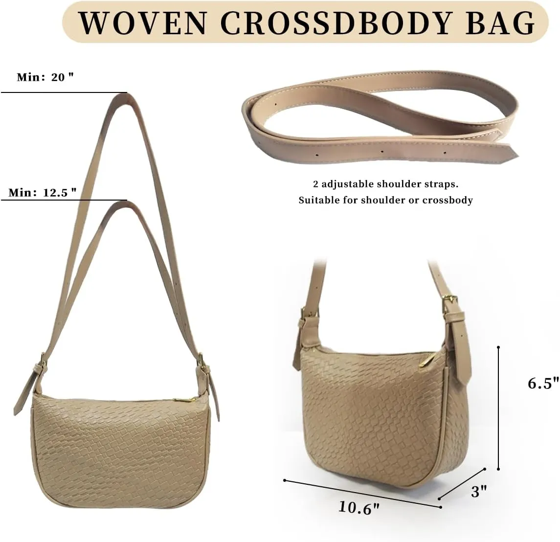 Woven Crossdbody Bag Vegan Leather Bag For Women Crescent Shoulder Hobo Handbag with 2 Adjustable Strap