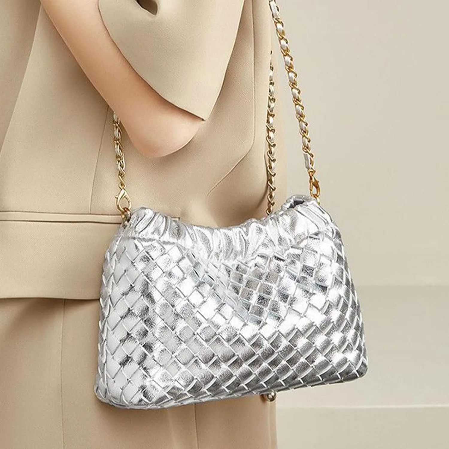 Woven Leather Dumpling Bag Dinner Handbag For Women Purse Hobo Bag Knotted Crossbody Shoulder Square Box Bags