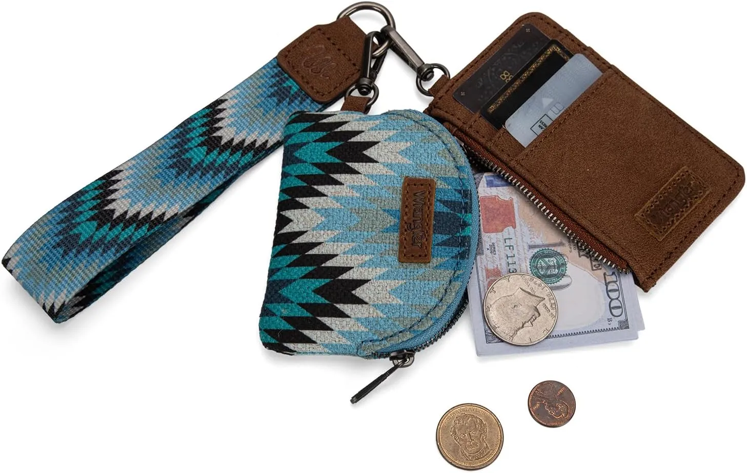 Wrangler Aztec Keychain Wristlet Wallets for Women Western Dual Pouch Wristlet Credit Card Holder Wallet with Zipper Pocket WG2211-W0051JN