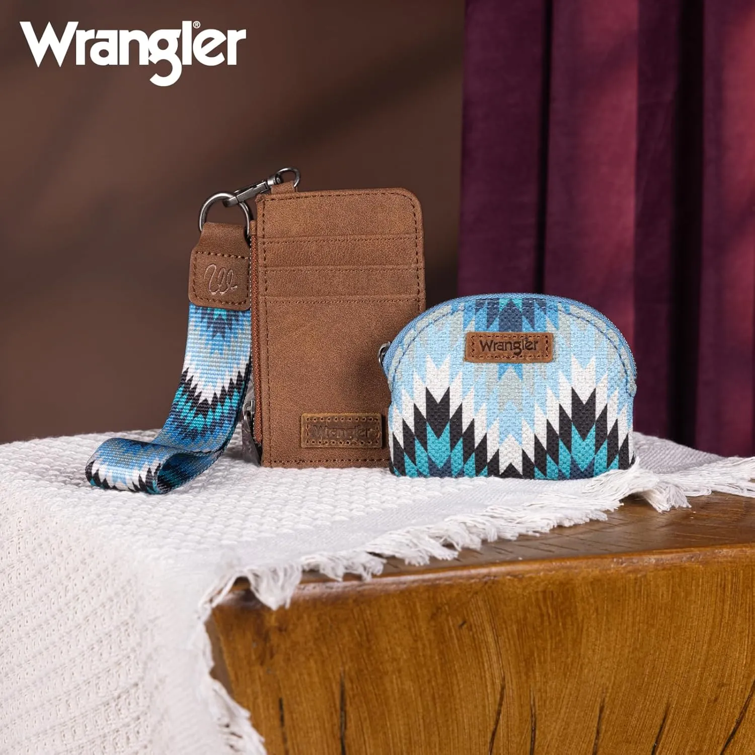 Wrangler Aztec Keychain Wristlet Wallets for Women Western Dual Pouch Wristlet Credit Card Holder Wallet with Zipper Pocket WG2211-W0051JN