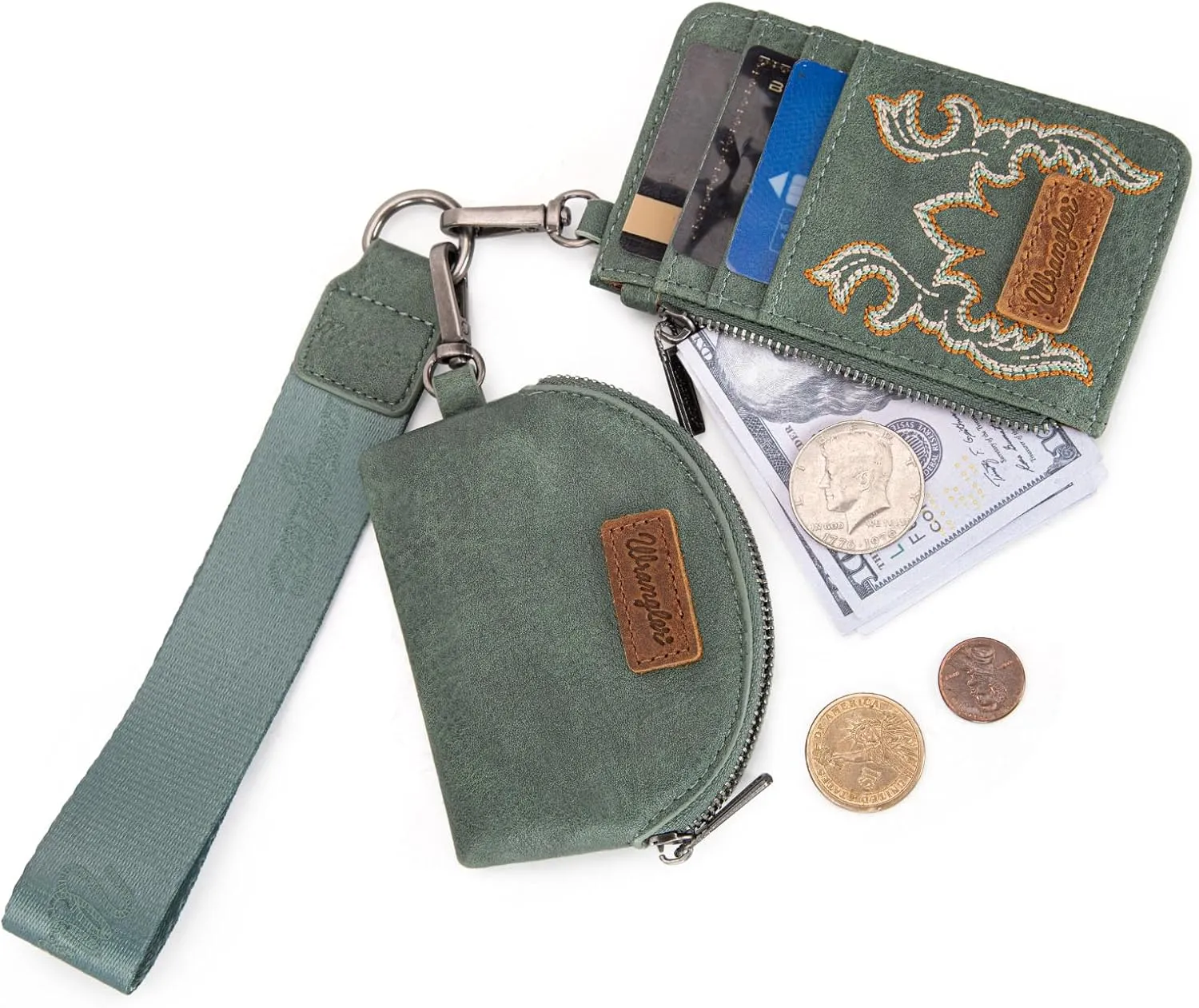 Wrangler KeyChain Wristlet Wallets for Women Western Dual Pouch Wristlet Embroidered Boot Scroll Card Holder Wallet With Zipper