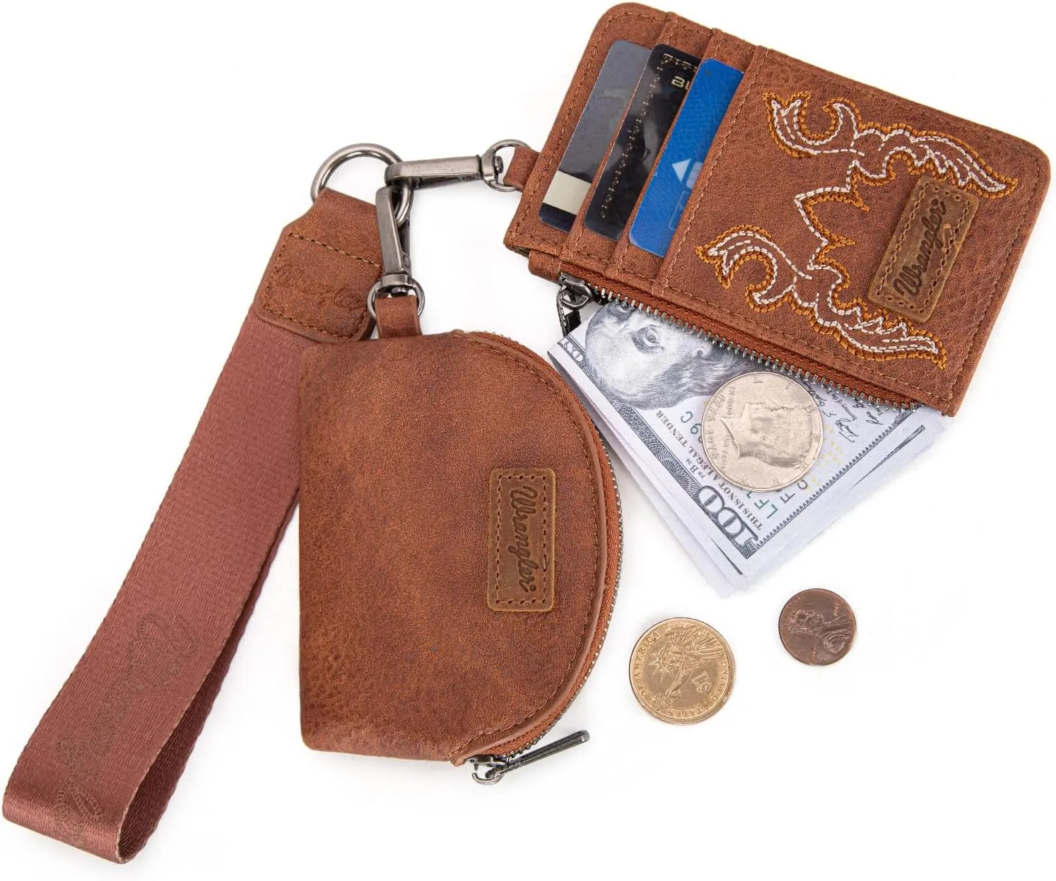 Wrangler KeyChain Wristlet Wallets for Women Western Dual Pouch Wristlet Embroidered Boot Scroll Card Holder Wallet With Zipper